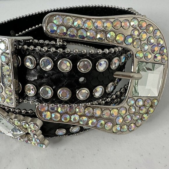 Nocona Black Leather Belt Crystal Rhinestone Aurora Borealis M/L - Picture 3 of 15